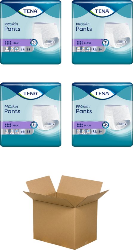 Vier verpakkingen Tena Proskin Pants maat M maxi en een open kartonnen doos.