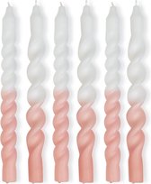 TWIST'D - Gedraaide dip dye kaarsen set - wit/oud roze - 6 stuks - 29 cm - dinerkaars - kaarsen - twisted candles - swirl kaarsen - dip dye kaarsen