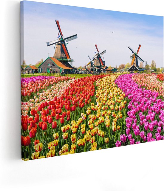 Artaza Canvas Schilderij Kleurrijke Tulpen Bloemenveld - Windmolen - 50x40 - Foto Op Canvas - Canvas Print