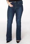 Voorkant van een donkerblauwe flare jeans met een knoop en ritssluiting.