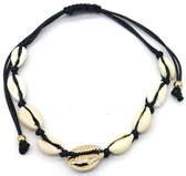 SchelpenArmband zwart-Verstelbaar-Pull Tie-met schelpen beige en goud