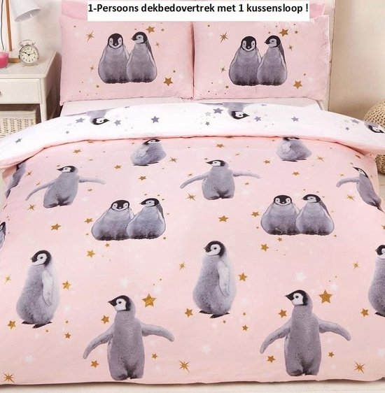 1-persoons meisjes (dekbed hoes) roze / zachtroze met pinguïns | bol.com