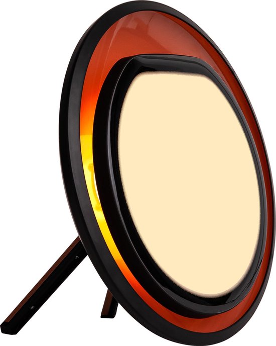 Lumie Halo zwarte ronde design-daglichtlamp met koperkleurige reflector op twee pootjes