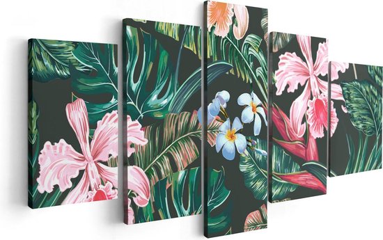 Artaza Canvas Schilderij Vijfluik Getekende Tropische Bloemen - Abstract - 100x50 - Foto Op Canvas - Canvas Print