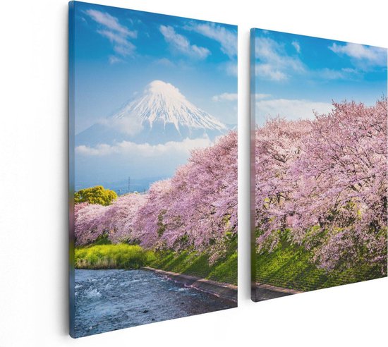 Artaza Toile Peinture Diptyque Arbres De Fleurs Roses Au Berg Fuji - 80x60 - Photo Sur Toile - Impression Sur Toile