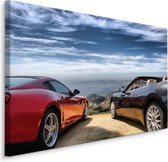 Schilderij - Luxe auto's in de bergen, premium print, wanddecoratie