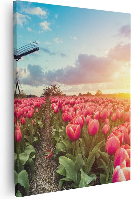 Artaza - Peinture sur toile - Champ de fleurs de tulipes roses - Avec moulin à vent - 80 x 100 - Groot - Photo sur toile - Impression sur toile