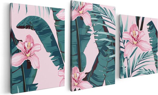 Artaza Canvas Schilderij Drieluik Tropische Roze Zomer Bloemen Met Bladeren - 120x60 - Foto Op Canvas - Canvas Print