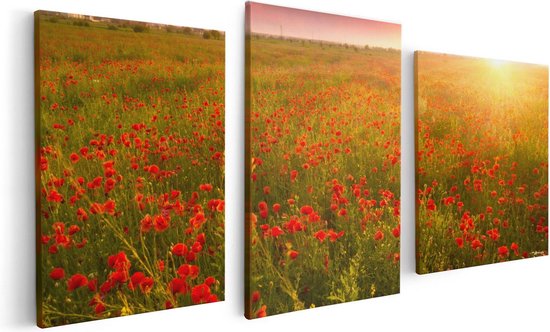 Artaza Canvas Schilderij Drieluik Rode Klaproos Bloemenveld - Zonsondergang - 120x60 - Foto Op Canvas - Canvas Print