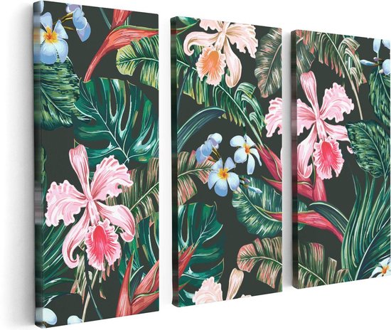 Artaza Canvas Schilderij Drieluik Getekende Tropische Bloemen - Abstract - 120x80 - Foto Op Canvas - Canvas Print
