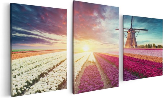 Artaza Canvas Schilderij Drieluik Kleurrijke Tulpen Bloemenveld - Windmolen - 120x60 - Foto Op Canvas - Canvas Print