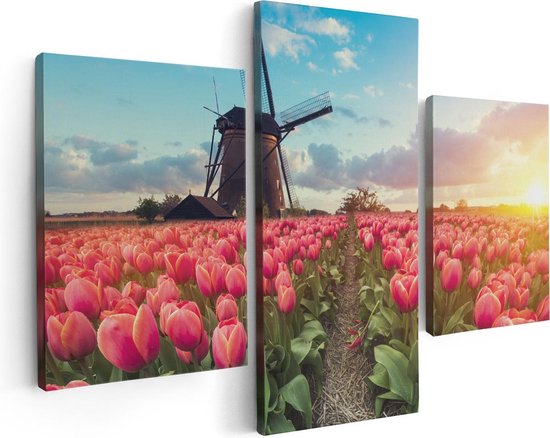 Artaza - Triptyque de peinture sur toile - Champ de fleurs de tulipes roses - Avec moulin à vent - 90 x 60 - Photo sur toile - Impression sur toile