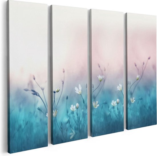 Artaza Canvas Schilderij Vierluik Witte Bloemen Op Een Blauw Achtergrond - 80x60 - Foto Op Canvas - Canvas Print