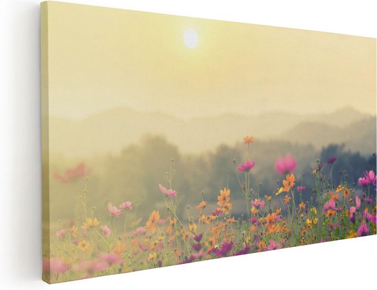 Artaza Canvas Schilderij Bloemenveld Met Kosmos - Zonsondergang - 80x40 - Foto Op Canvas - Canvas Print