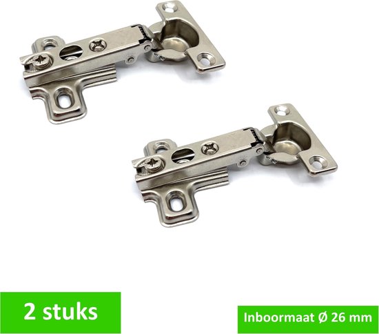 TQ4U Inboorscharnier / Potscharnier voor (keuken)kasten - Opliggend - Compact model - Inboordiameter Ø 26 mm - 110 graden - Vernikkeld - 2 STUKS
