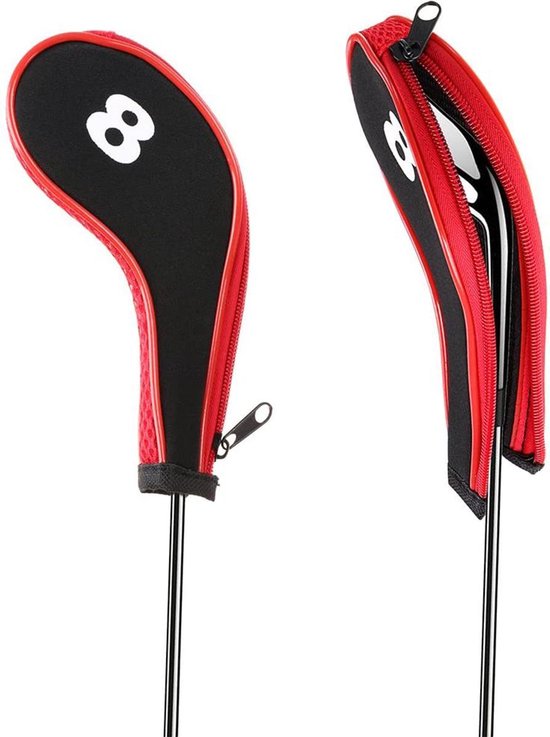 Golfclub covers - set van 10 - zwart met rood - ijzers - met rits - XD-Xtreme - Golffmaniac