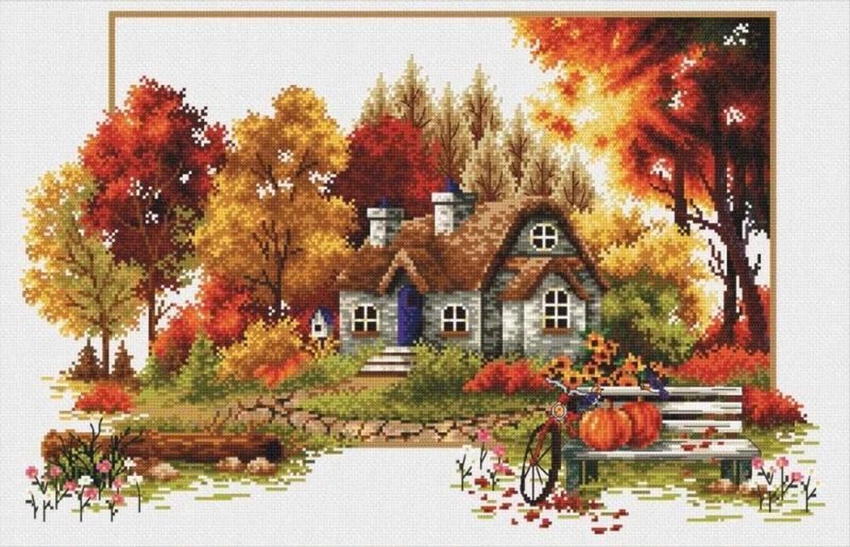 Volledige Borduurpakketen Volwassenen - Voorbedrukt - Hobby en Creatief - Borduurset - Voorbedrukt borduurpakket herfst huisje op aida Needleart World 640.047