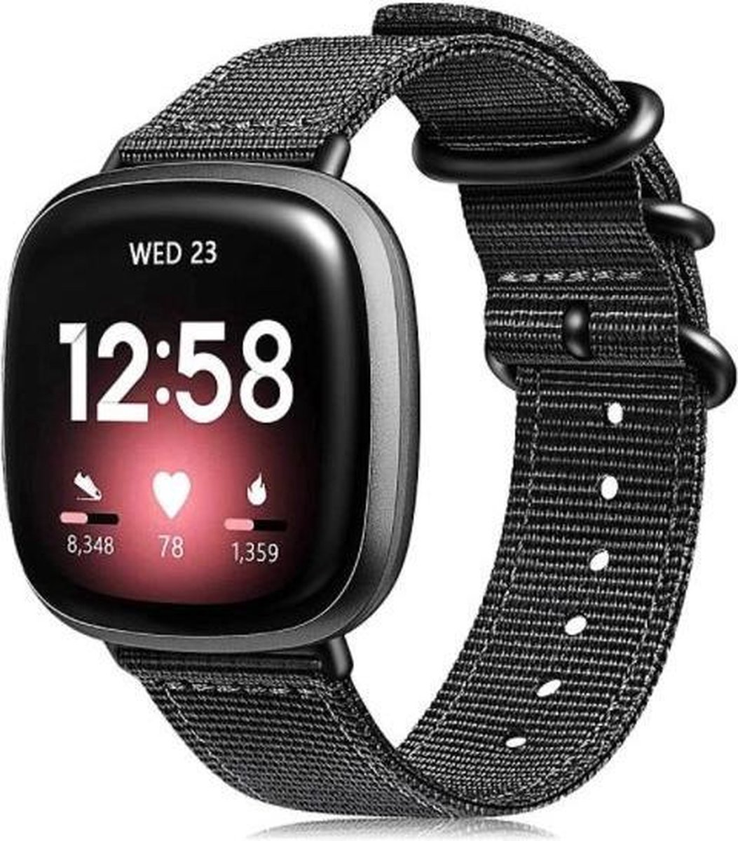 Strap-it Nylon gesp bandje - geschikt voor Fitbit Versa 3 / Fitbit Sense - zwart