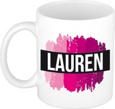 Lauren  naam cadeau mok / beker met roze verfstrepen - Cadeau collega/ moederdag/ verjaardag of als persoonlijke mok werknemers