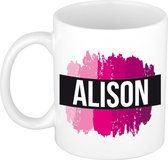 Alison  naam cadeau mok / beker met roze verfstrepen - Cadeau collega/ moederdag/ verjaardag of als persoonlijke mok werknemers