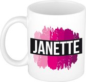 Janette  naam cadeau mok / beker met roze verfstrepen - Cadeau collega/ moederdag/ verjaardag of als persoonlijke mok werknemers