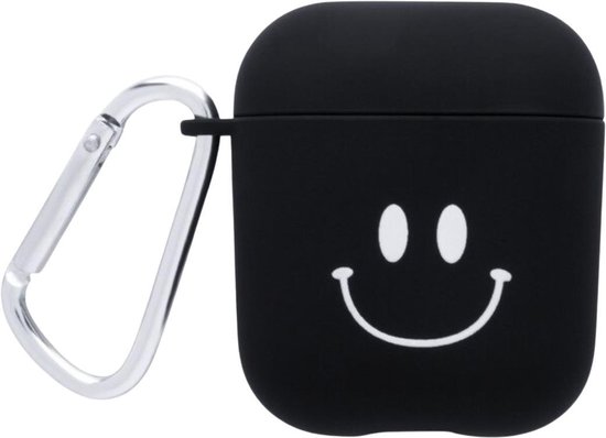 Studio Air® Airpods Hoesje - Smiley met Draagbeugel - Zwart - Voor Airpods 1 en 2