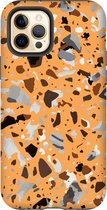 Apple iPhone 12 Pro Telefoonhoesje - Extra Stevig Hoesje - 2 lagen bescherming - Met Marmerprint - Terrazzo - Oranje