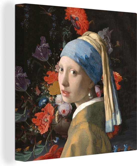 Canvas schilderij 50x50 cm - Wanddecoratie Meisje met de parel - Vermeer - Bloemen - Muurdecoratie woonkamer - Slaapkamer decoratie - Kamer accessoires - Schilderijen op canvas