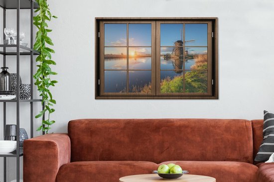 Canvas schilderij 120x80 cm - Wanddecoratie Doorkijk - Molen - Zonsondergang - Muurdecoratie woonkamer - Slaapkamer decoratie - Kamer accessoires - Schilderijen op canvas