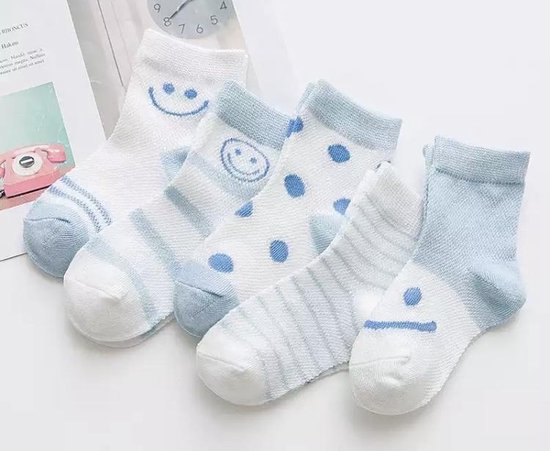 5 paar vrolijke New born Baby sokken - set babysokjes - 0-6 maanden - Smiley - Lichtblauw - babysokken