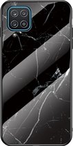 Samsung Galaxy A12 Backcover - Zwart / Wit - Marmer - Gehard Glas