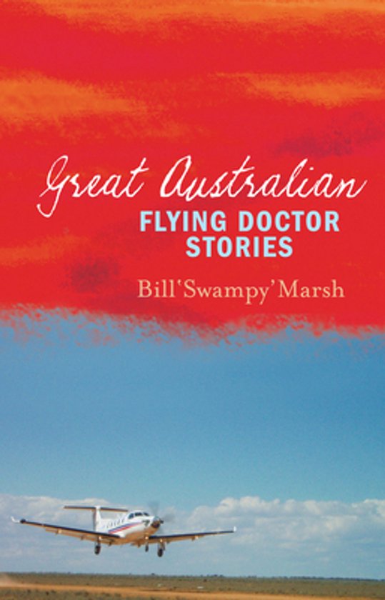 Boekomslag 'Great Australian Flying Doctor Stories' met een vliegtuig dat opstijgt tegen een rode en blauwe achtergrond.