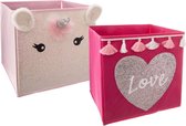 Set van 2 !! - opbergbox - speelgoed opruimen - speelgoedbox - opberger - glitter - roze - love - eenhoorn