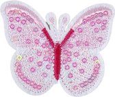 Vlinder Strijk Embleem Patch Paillette Roze Wit 6.4 cm / 5.5 cm / Roze Wit