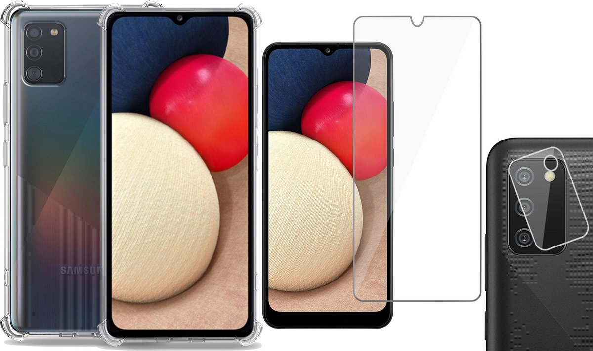 Hoesje geschikt voor Samsung Galaxy A02s - Screenprotector Glas & Camera Screen Protector - Transparant Shock Case