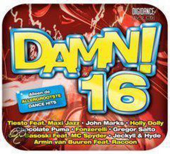 CD hoes: DAMN! 16 met 'Alle de aller,grootste Dance Hits'. Geel met blauwe letters.