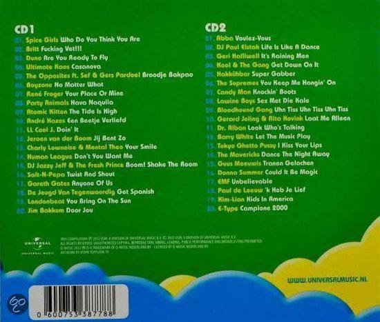 De achterkant van de CD-hoes voor 'De Foute Cd Van Q Music 8', met de tracklijsten van CD1 en CD2 op een groene achtergrond.