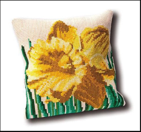 Thea Gouverneur - Borduurpakket met telpatroon - 23.4004 - Voorgesorteerde DMC Garens - Narcis Kussen - Canvas - 40 cm x 40 cm - DIY Kit