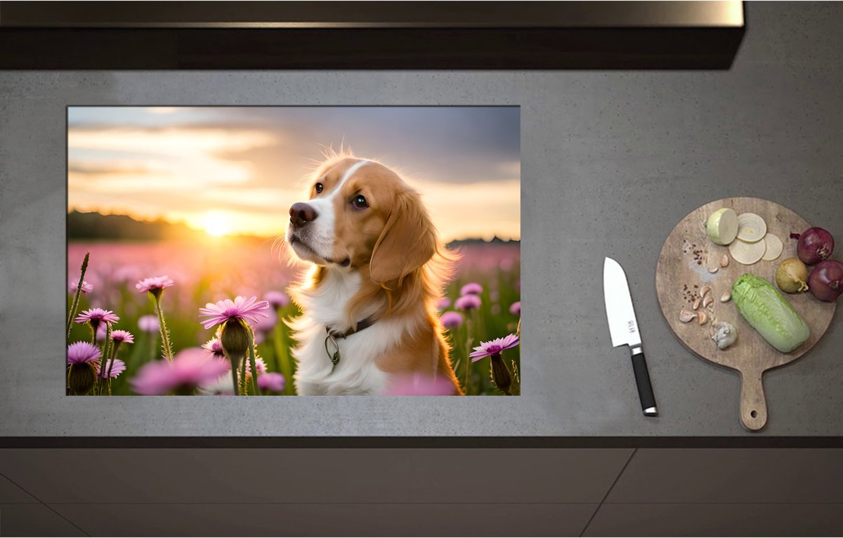 Inductieplaat Beschermer - Bruin met Witte Hond in Veld Vol Roze Bloemen met Zonsondergang - 80x52 cm - 2 mm Dik - Inductie Beschermer - Bescherming Inductiekookplaat - Kookplaat Beschermer van Zwart Vinyl