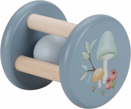Houten rammelaar in de vorm van een tonnetje, blauw met paddenstoelprint en houten handvatten.