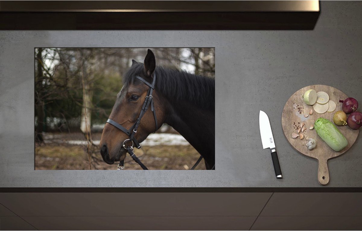 Inductieplaat Beschermer - Bruin paard met halster om buiten - 75x51 cm - 2 mm Dik - Inductie Beschermer - Bescherming Inductiekookplaat - Kookplaat Beschermer van Wit Vinyl