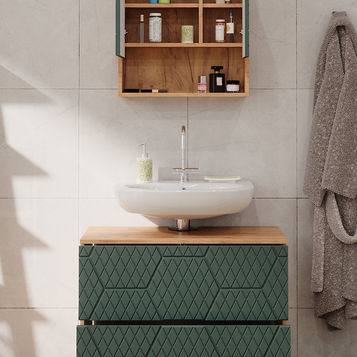 Meuble Salle De Bain Irma - Armoire Haute Chêne/Blanc Brillant 30x192cm Avec Portes Et Étagères