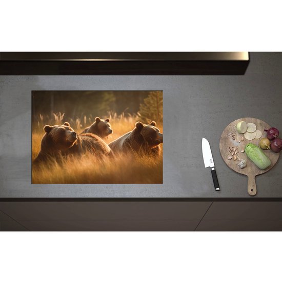 Inductieplaat Beschermer - Bruine beren in bruin gekleurd hoog gras - 70x50 cm - 2 mm Dik - Inductie Beschermer - Bescherming Inductiekookplaat - Kookplaat Beschermer van Zwart Vinyl
