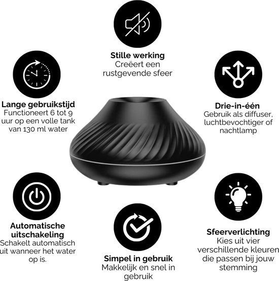 Zwarte aroma diffuser met informatie-iconen: Stille werking, Drie-in-één, Sfeerverlichting, Simpel in gebruik, Automatische uitschakeling, Lange gebruiksduur.