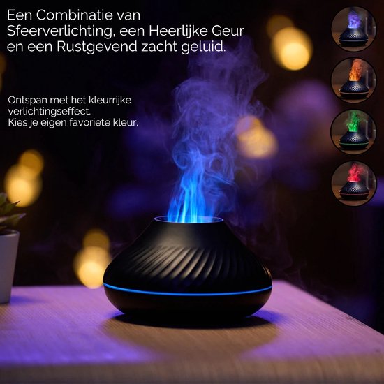 Zwarte aroma diffuser met blauwe vlamvormige nevel en sfeerverlichting. Kleuropties zichtbaar.