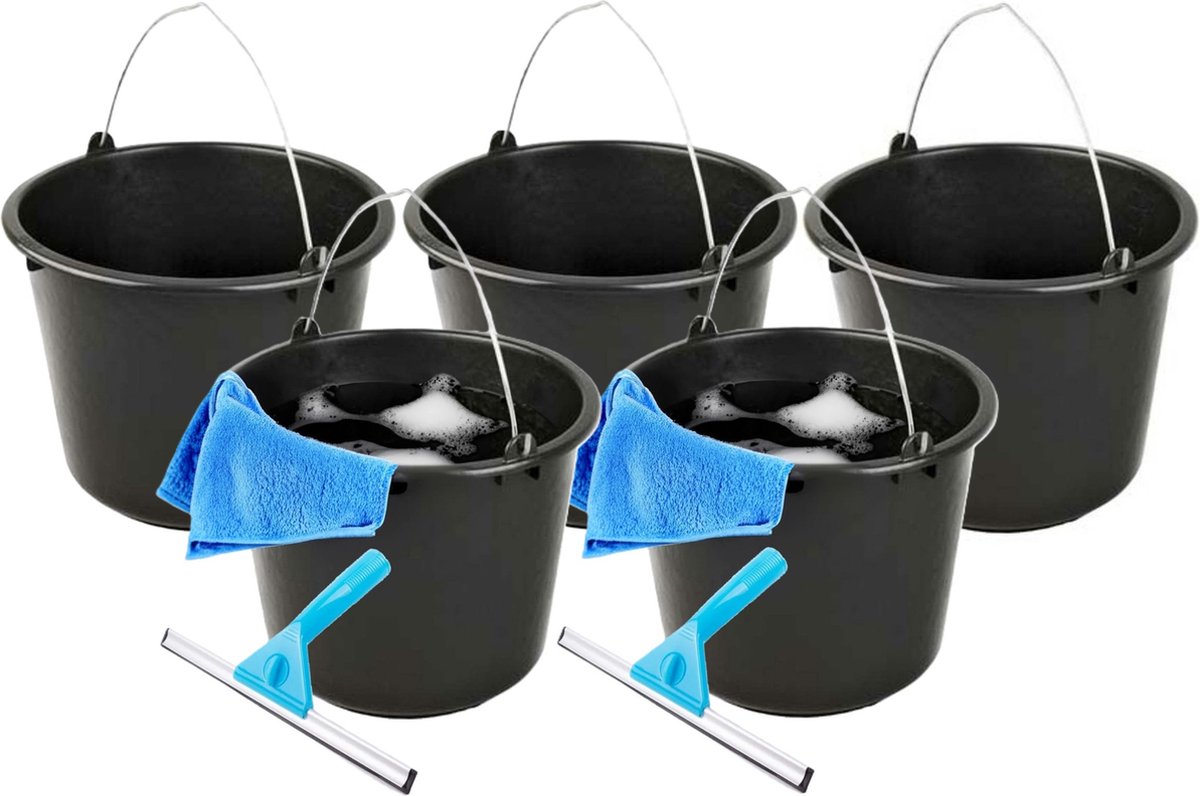 Goedkoopste Huishoudemmer met hengsel - 5x - zwart - 12 liter - schoonmaak emmer - auto wassen
