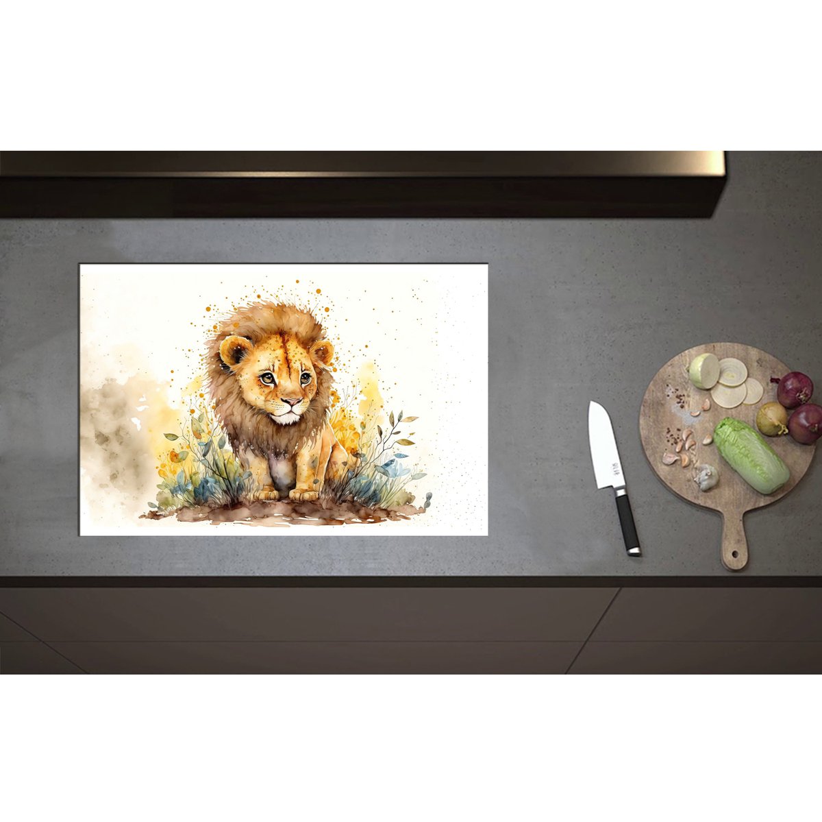 Inductieplaat Beschermer - Cartoon Tekening van Leeuwtje tussen de Planten - 75x50 cm - 2 mm Dik - Inductie Beschermer - Bescherming Inductiekookplaat - Kookplaat Beschermer van Zwart Vinyl