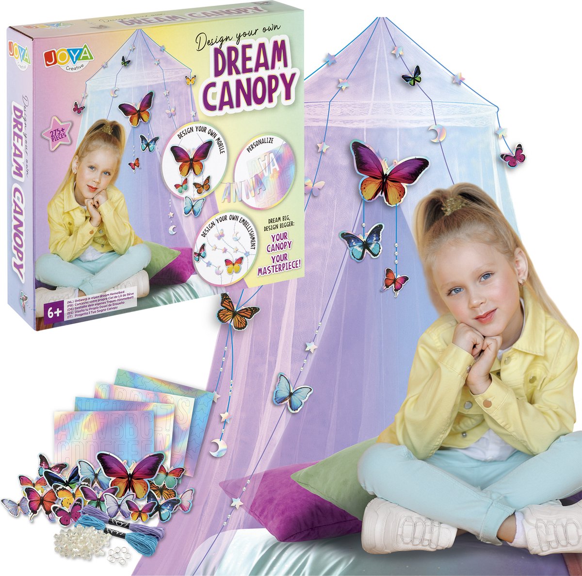 Klamboe Roze Kinderkamer 275pcs - Ontwerp je Klamboe met Vlinders, Diamantjes & Letters - Klamboe Kinderkamer - Sterrenhemel - Muggennet - 220cm Hoog - Joya Creative