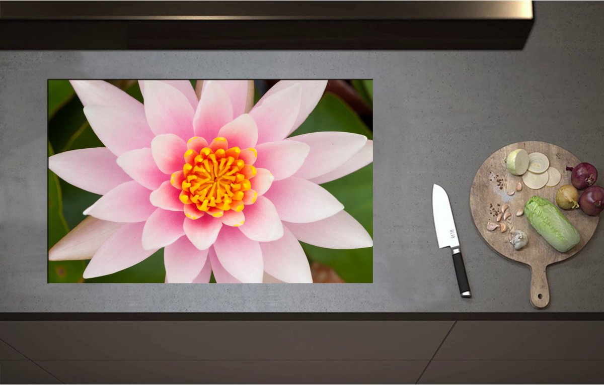 Inductieplaat Beschermer - Bovenaanzicht van Roze Lotus Bloem - 80x51 cm - 2 mm Dik - Inductie Beschermer - Bescherming Inductiekookplaat - Kookplaat Beschermer van Wit Vinyl