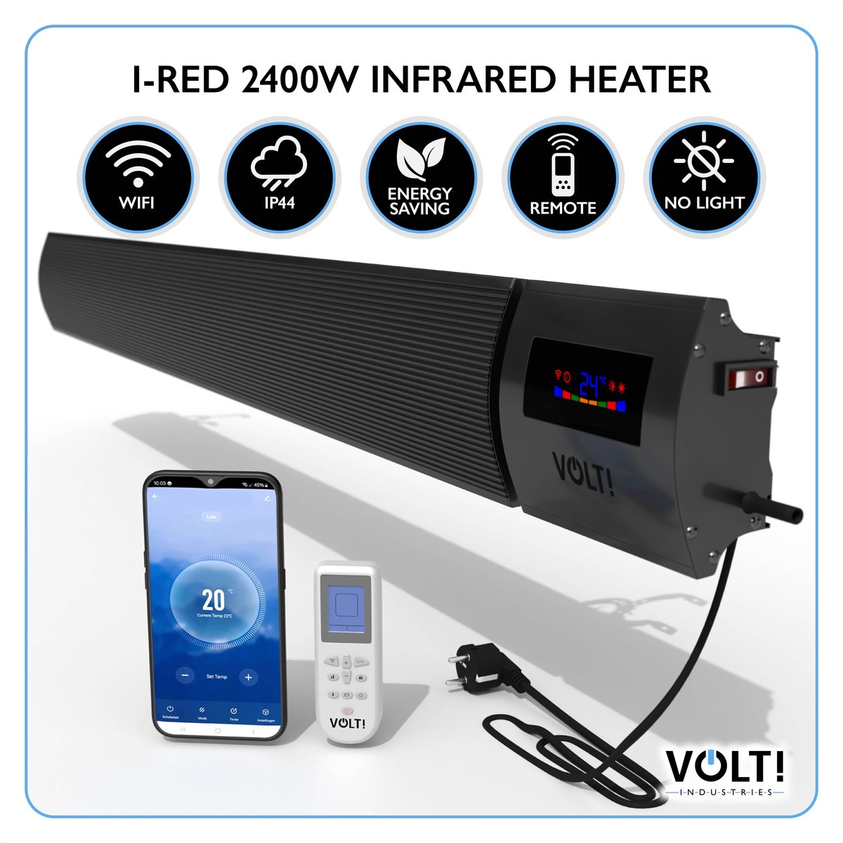 VOLT! i-Red 2400W Wifi Terrasverwarmer Infrarood Heater Energiebesparend Infrarood Verwarming met appbesturing Donkerstraler Blackheater Ecostand IP44
